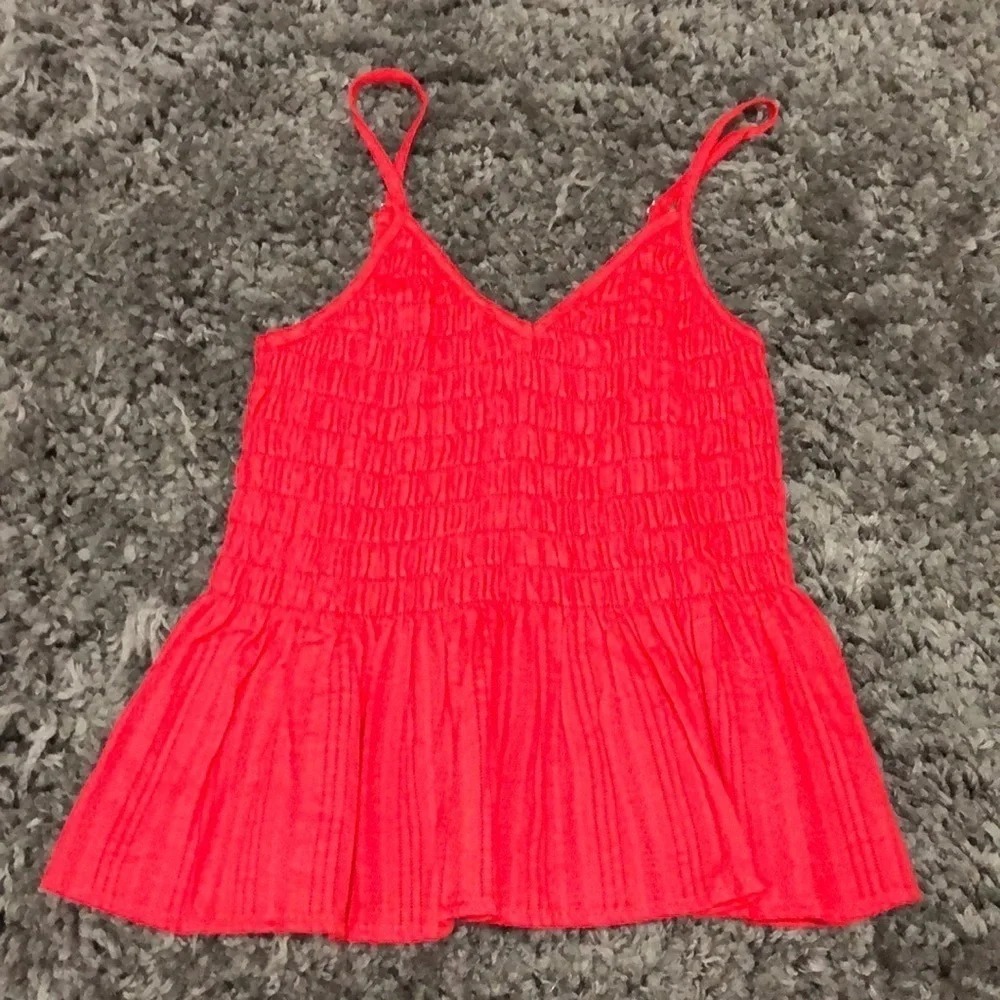 Red Smocked Cami‎ Top Sleeveless V Neck Casual Summer Blouse Flared Tank